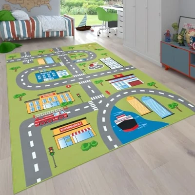 Abbildung von Paco Home Teppich Kinderzimmer Kinderteppich Spielteppich Straßen Und Auto Motiv rutschfest Grün Grau, Grösse:120x160 cm