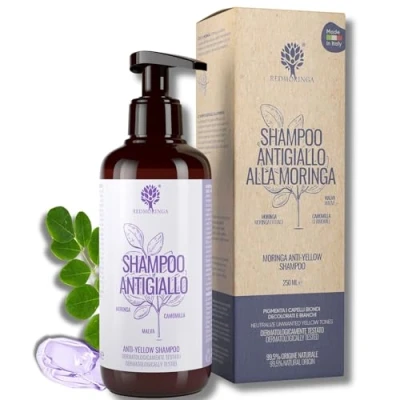 Abbildung von Bio Shampoo gegen Gelbfärbung, 3 x wirksamere Formel, Tonalisierung für gebleichtes, gefärbtes und weißes Haar, 99,5% natürlich ohne SLS oder ASL, mit Moringa, Malve Kamille, RedMoringa 500 ml