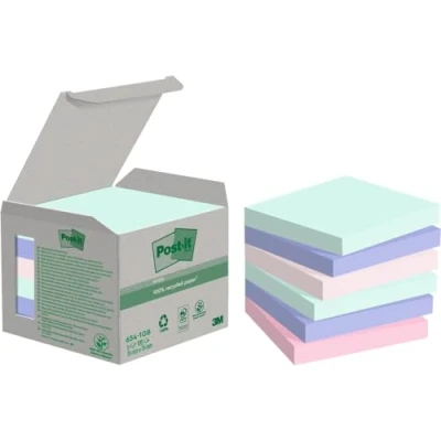 Abbildung von Post it Recycling Notes, Assortierte Farben, Packung mit 6 Blöcken, 100 Blatt pro Block, 76 mm x mm, Farben: Grün, Pink, Blau Selbstklebende Notizzettel aus 100% Recyclingpapier