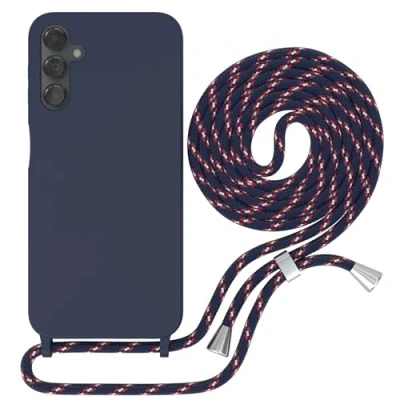 Abbildung von EAZY CASE Hülle mit Kette kompatibel Samsung Galaxy A14 5G Schutzhülle Kordel zum Umhängen,Umhängen Necklace, TPU Silikon Case, Blau Band Navy Camouflage Verschluss Silber