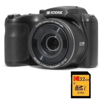 Abbildung von KODAK Pixpro Astro Zoom AZ255 + SD Speicherkarte 32 GB Digital Bridge Kamera 16 MP, 25 facher Zoom, Video HD 1080p, Weitwinkel 24 mm, LCD Display 3, AA Batterie Schwarz