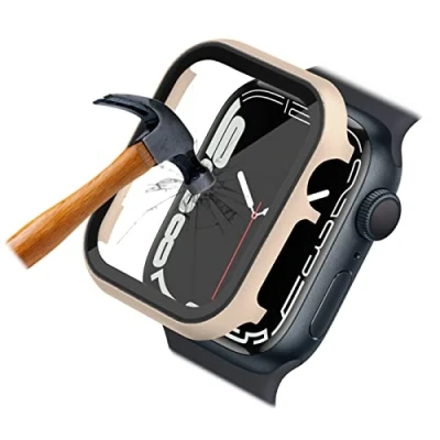 Abbildung von Aluminium Case mit Displayschutz für die Apple Watch Series 8 7 6 5 4 3 2 1 SE ; 45mm 44 42 41 40 38 Schutz Hülle integriertem Glas 9H (45mm Gold)