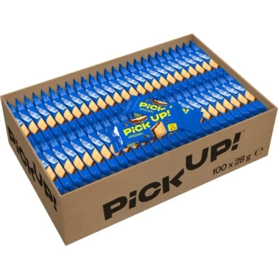 Abbildung von PiCK UP! Original (100 x 28 g), Riegel mit knackiger Milchschokoladentafel zwischen zwei Keksen, der Snack für unterwegs, 100 Stück einzeln verpackt, Haselnuss, Schokolade
