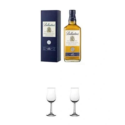 Abbildung von Ballantines 12 Jahre Gold Seal 0,7 Liter + Nosing Gläser Kelchglas Bugatti mit Eichstrich 2cl und 4cl 1 Stück