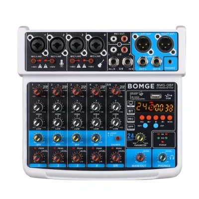 Abbildung von BOMGE 6 Kanal Mini DJ Audio Sound Mixer Konsole mit USB Schnittstelle, Bluetooth, Stereo Aufnahme, 48 V Phantomspeisung, 24 DSP Effekte für Karaoke, Singen, Live, Streaming, PC Recroding. (weiß)