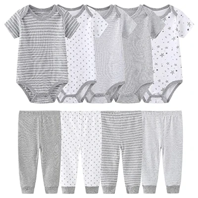 Abbildung von Chamie Bodys Kurzarm Hose Bekleidungsset für Neugeborene Jungen und Mädchen Baumwolle Grau 0 3 Monate