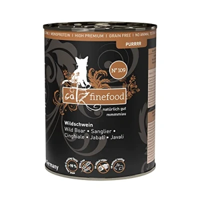 Abbildung von catz finefood Purrrr Wildschwein Monoprotein Katzenfutter nass N 109, für ernährungssensible Katzen, 70% Fleischanteil, 6 x 400g Dose