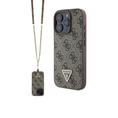 Abbildung von Guess Schutzhülle für iPhone 16 Pro, offizielles Lizenzprodukt von CG MOBILE PU Lederhülle mit Metalllogo und Strasssteinen Crossbody Gurt Pro (6,3 Zoll) (2024) Braun