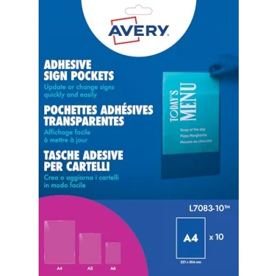 Abbildung von Avery selbstklebende Infotaschen 1 pro Blatt 221 x 304 mm 10 Stück transparent