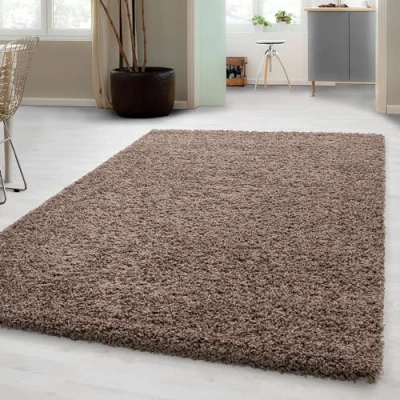 Abbildung von Carpetsale24 Shaggy Hochflor Teppich Wohnzimmer 120 x 170 cm Mokka Modern Flauschiger Extra Weich, Pflegeleicht und Einfarbig Ideal als für Schlafzimmer, Esszimmer Küche
