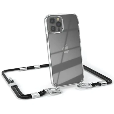 Abbildung von EAZY CASE kombinierbare Handyketten kompatibel mit iPhone 12/12 Pro, Transparente Silikon Hülle stylischen rundem Umhängeband, abnehmbar durch Karabiner, Umhängetasche, Schwarz Clips Silber