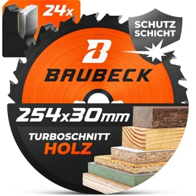 Abbildung von BAUBECK Sägeblatt 254x30 Holz Zuschnitt Kreissägeblatt 254 x 30 für schnellen Holzschnitt kompatibel mit Bosch GTS 10, PTS Metabo KGS uvm. 254x30x2.0