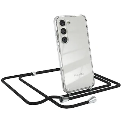 Abbildung von EAZY CASE Handykette kompatibel mit Samsung Galaxy S23 Kette zum Umhängen für Hülle Band aus Silikon transparente Handyhülle als Fallschutz in Schwarz Clips Silber