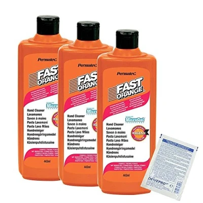 Abbildung von 3er Set Permatex Fast Orange Flasche 440ml die perfekte Handreiniung für Werkstatt und unterwegs inkl. 3 St. DEWEPRO® SingleScrubs