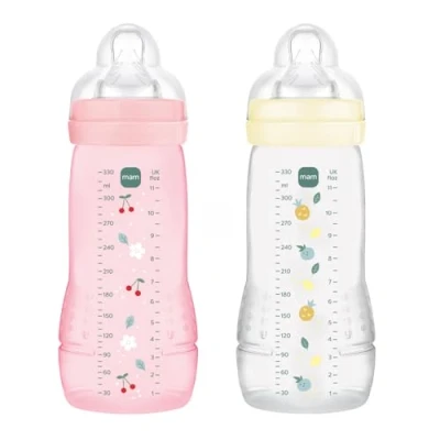 Abbildung von MAM Easy Active Flasche 6+ Monate, Farbe Beeren+Perle (2 X 330 ml) mit Silikonsauger, ultra schneller Geschwindigkeit, Babyflasche luftdichtem Verschluss