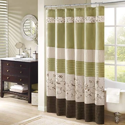 Abbildung von Madison Park Serene Duschvorhang, Kunstseide, Bestickt, Blumenmuster, maschinenwaschbar, Moderne Dekoration für Zuhause, Badezimmer, 183 x cm, Grün
