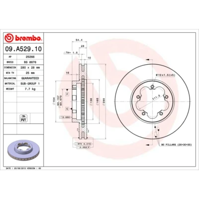 Abbildung von BREMBO 09.A529.10 Bremsscheibe 280 28 5 innenbelüftet FORD: Transit Mk6 Bus, Kastenwagen, Pritsche/Fahrgestell