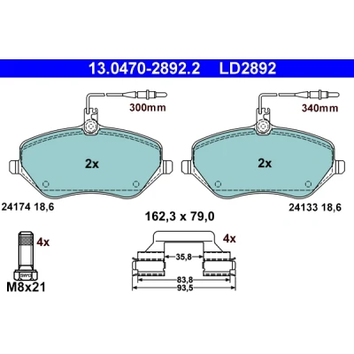 Abbildung von ATE Ceramic 13.0470 2892.2 Bremsbelagsatz inkl. Verschleißwarnkontakt mit Bremssattelschrauben Zubehör CITROËN: C5 III Kombi, 3, C6 Limousine