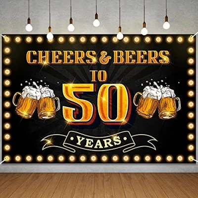 Abbildung von Banner mit Aufschrift Cheers and Beers to 50 Years Happy 50th Birthday, Hintergrund für Männer und Frauen, Fotografie, Geburtstag, Jahrestag, Party, Schild, Dekorationen, Zubehör, Schwarz Gold