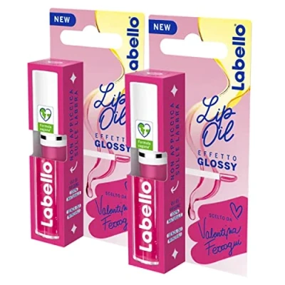 Abbildung von Labello Lip Oil Glossy Glanz Effekt Farbe Pink Rock mit veganer Formel Volumeneffekt 100% natürlich 2 Sticks