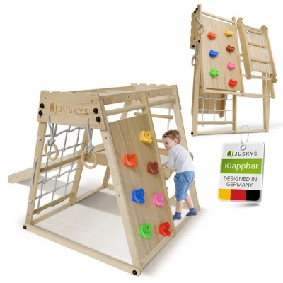 Abbildung von Juskys Klettergerüst Mini, für Kinder, Holz, Indoor Spielplatz klappbar, Rutsche &amp; Kletterwand