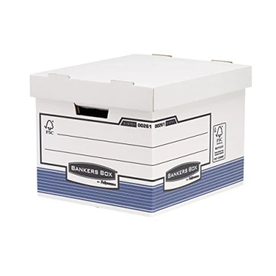 Abbildung von Fellowes R Kive Prima Standard Archivbox mit automatischem FastFold Aufbau, 10 Stück, weiß/blau