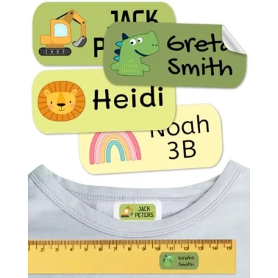 Abbildung von Namensaufkleber für Kinder. Kleidung und Gegenstände. Namensschilder waschmaschinenfest personalisiert text symbolen (Dinosaurier, 50 Stück)