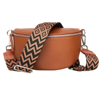 Abbildung von MIRROSI® Bauchtasche Damen, Echtleder, Made in Italy, Umhängetasche, Brusttasche, Crossbody Bag (1 Tasche &amp; 2 Gurte) (Kleine (22x13x6cm), Cognac (Bohemian Braun Black))