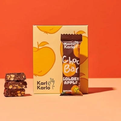 Abbildung von Karl Karlo Schokoriegel Bio Choc Bars, Golden Apple Schokolade mit Nutri Score A auf Pflaumenbasis 100% Zutaten, Frei von Zusatzstoffen &amp; Aromen, recyclefähige Verpackung 6er Box