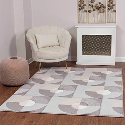 Abbildung von Surya Albi Teppich Wohnzimmer Boho, großer Schlafzimmer 160x213 cm für Esszimmer mit geometrischem Muster, Skandinavischer Wohnzimmerteppich modern in Weiß, Grau und Beige