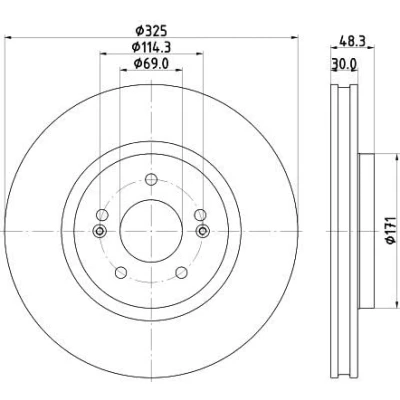 Abbildung von HELLA 8DD 355 134 721 Bremsscheibe 325 30 05/07 114,3 innenbelüftet beschichtet ohne Radlager, Radbefestigungsbolzen, Radnabe