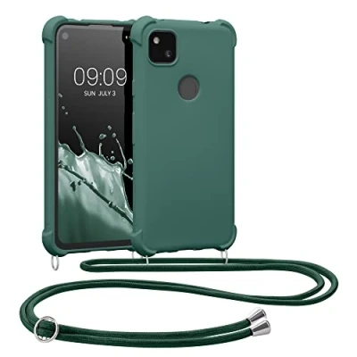 Abbildung von kwmobile Necklace Case kompatibel mit Google Pixel 4a Hülle Cover Kordel zum Umhängen Silikon Schutzhülle Dunkelgrün