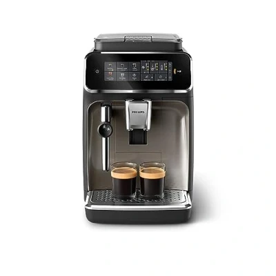 Abbildung von Philips 3300 Series Kaffeevollautomat 5 Getränke, Intuitives Touch Display, Klassischer Milchaufschäumer, SilentBrew, 100% Keramikmahlwerk, AquaClean Filter. Schwarzchrom (EP3326/90)