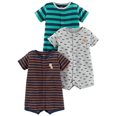 Abbildung von Simple Joys by Carter&#039;s Baby Jungen 3 Pack Snap up Rompers Strampler, Grau Autos/Marineblau Löwe/Türkisgrün Querstreifen, 0 Monate (3er Pack)
