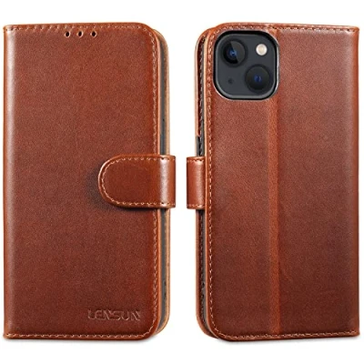 Abbildung von LENSUN Echtleder Hülle für iPhone 13 5G, Handyhülle [Echtes Leder][Magnetverschluss][RFID Schutz] Handytasche Lederhülle Flip Cover Kompatibel mit Dunkelbraun