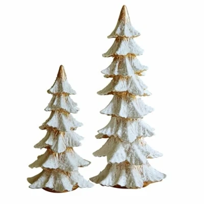 Abbildung von Loberon Deko Baum 2er Set Norbury, Zwei Größen, Winterliche Gestaltung, Detailreiche Schnee Optik, Weihnachten, Weihnachtsdeko, Polyresin, weiß/Gold