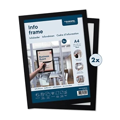 Abbildung von EUROPEL Selbstklebender magnetischer Info Rahmen aus PVC, A4 Schwarz, 2er Set, einfach ablösbar durch Magnet, doppelseitig, Hoch oder Querformat, 32,5 x 23,8 cm