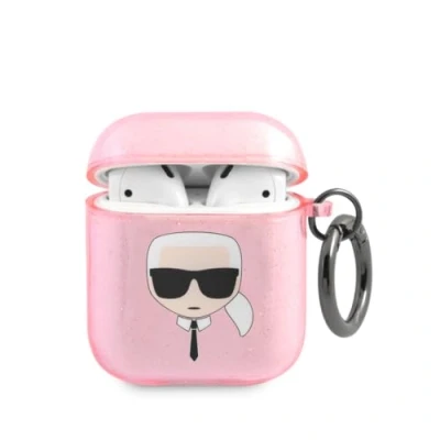 Abbildung von Karl Lagerfeld Karl&#039;s Head Silicone Glitter Case für das Apple AirPods 1 / 2 Rosa