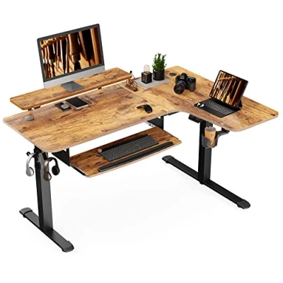 Abbildung von EUREKA ERGONOMIC Höhenverstellbarer Schreibtisch 155x110 cm Großer Eckschreibtisch Höhenverstellbar Elektrisch L Form mit Tastaturablage, LED Monitorständer