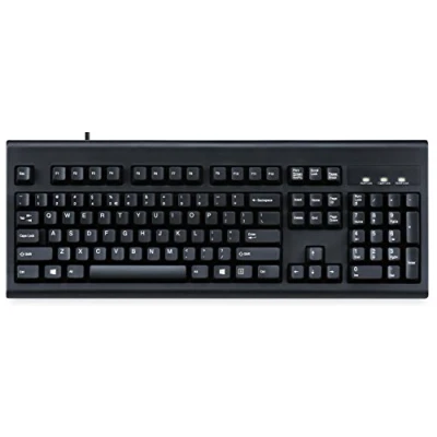 Abbildung von Perixx Periboard 106, kabelgebundene Performance Tastatur in voller Größe, Gebogene ergonomische Tasten, schwarz, US englisches Layout (11204)