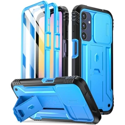 Abbildung von POETIC Revolution Hülle Kompatibel mit Galaxy A25 5G, [Schiebe Kameraabdeckung], robuste, stoßfeste Ganzkörper Schutzhülle Ständer und integrierter Displayschutz, Hellblau