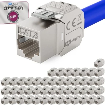 Abbildung von hb digital 48x CAT 8 Keystone RJ45 Modul Buchse für LAN Kabel GHMT Zertifiziert 40 Gbit/s bis 2000 MHz AWG 22 26 werkzeuglos LSA vollgeschirmt STP Einbaubuchse Patchpanel und Netzwerkdose