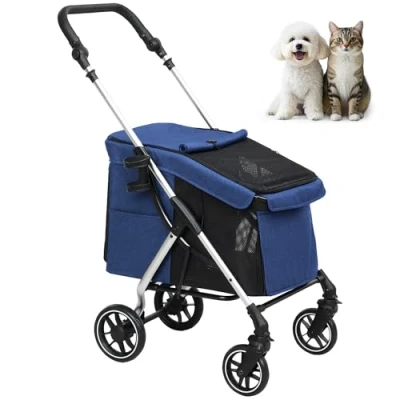 Abbildung von PawHut Hundewagen leicht Hundebuggy aus Aluminium klappbar für Hunde &amp; Katzen bis 10 kg Katzenbuggy mit Kissen Netzfenstern Türen Aufbewahrungskorb Katzenwagen Buggy Dunkelblau