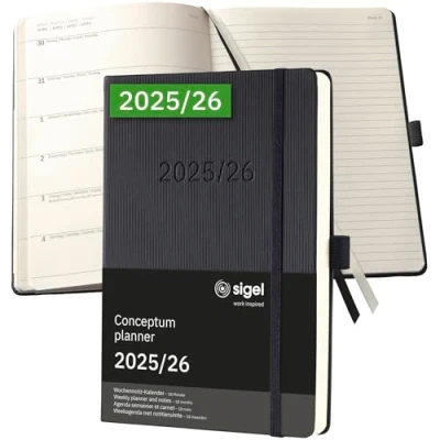 Abbildung von SIGEL C2603 Terminplaner Wochennotiz Kalender 2025/2026, ca. A5, schwarz, Hardcover, 256 Seiten, Gummiband, Stiftschlaufe, Archivtasche, aus nachhaltigem Papier, 18 Monatskalender, Conceptum