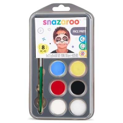 Abbildung von Snazaroo 1172213 Schminkfarben Set Sommer, Schminkpalette mit Pinsel, Schwamm und Anleitung, 5 Farben: Schwarz, Weiß, Rot, Gelb, Blau
