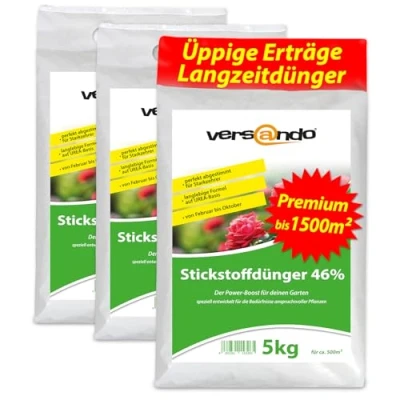 Abbildung von versando 15kg Stickstoffdünger bis 1500m²: 46% UREA Stickstoff für Rasen, Gemüse, Blumen von Frühjahr Herbst, fördert üppiges Blattwachstum mit Langzeitwirkung Premium Qualität