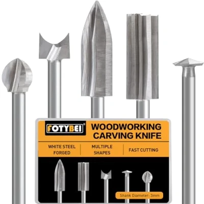 Abbildung von Holz Fräser Set kompatibel mit Dremel Rotationswerkzeug, 5PCS Verschiedene Schnitzbits, Holzschnitzwerkzeuge 1/8&quot; Schaft für DIY Schnitzen Gravieren Bohren Mikro Skulptur