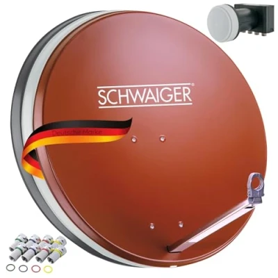Abbildung von SCHWAIGER 555 SAT Anlage Satelliten Set Satellitenschüssel Quad LNB digital 8X F Stecker 7mm Antenne aus Aluminium Komplettset Ziegelrot 74,5 x 84,5 cm