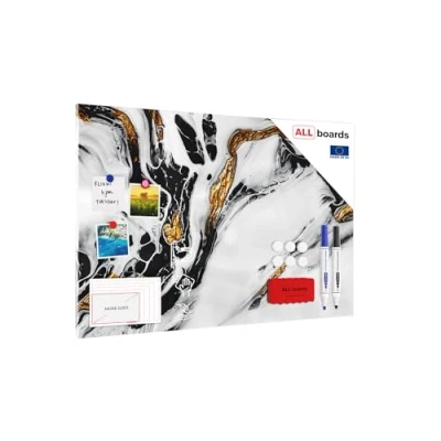 Abbildung von ALLboards Metallische Magnettafel MARMOR MARMORSTEIN GOLD WEIß 90x60cm MetalBoards Memoboard für jede Art von Magneten Magnetpinnwand zum Beschriften + 2 Marker, 6 Magnete, Schwamm im Lieferumfang