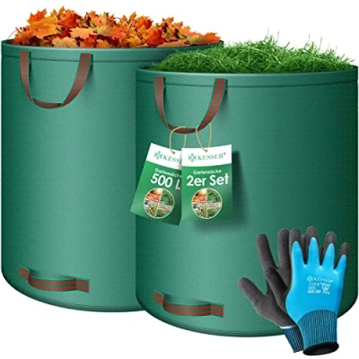 Abbildung von KESSER® Gartensack 2x 500L Set Laubsack Gartenabfallsack inkl. Handschuhe Selbststehend 4 Griffe Stabil Robust &amp; Faltbar Laubsäcke Rasenschnitt Gartensäcke für Gartenabfälle Grünschnitt Grün